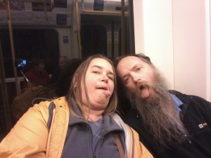 On the tube home, and goofing off. Yes, we're home fine, or else I wouldn't be posting. :)
