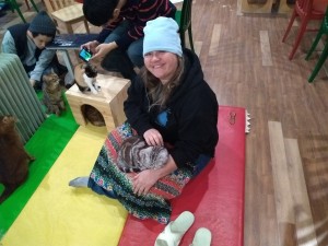 Cat Cafe!! Missing my kitties at home, no problem. Stop at a cat cafe to sip coffee and chill with a bunch of cool cats.